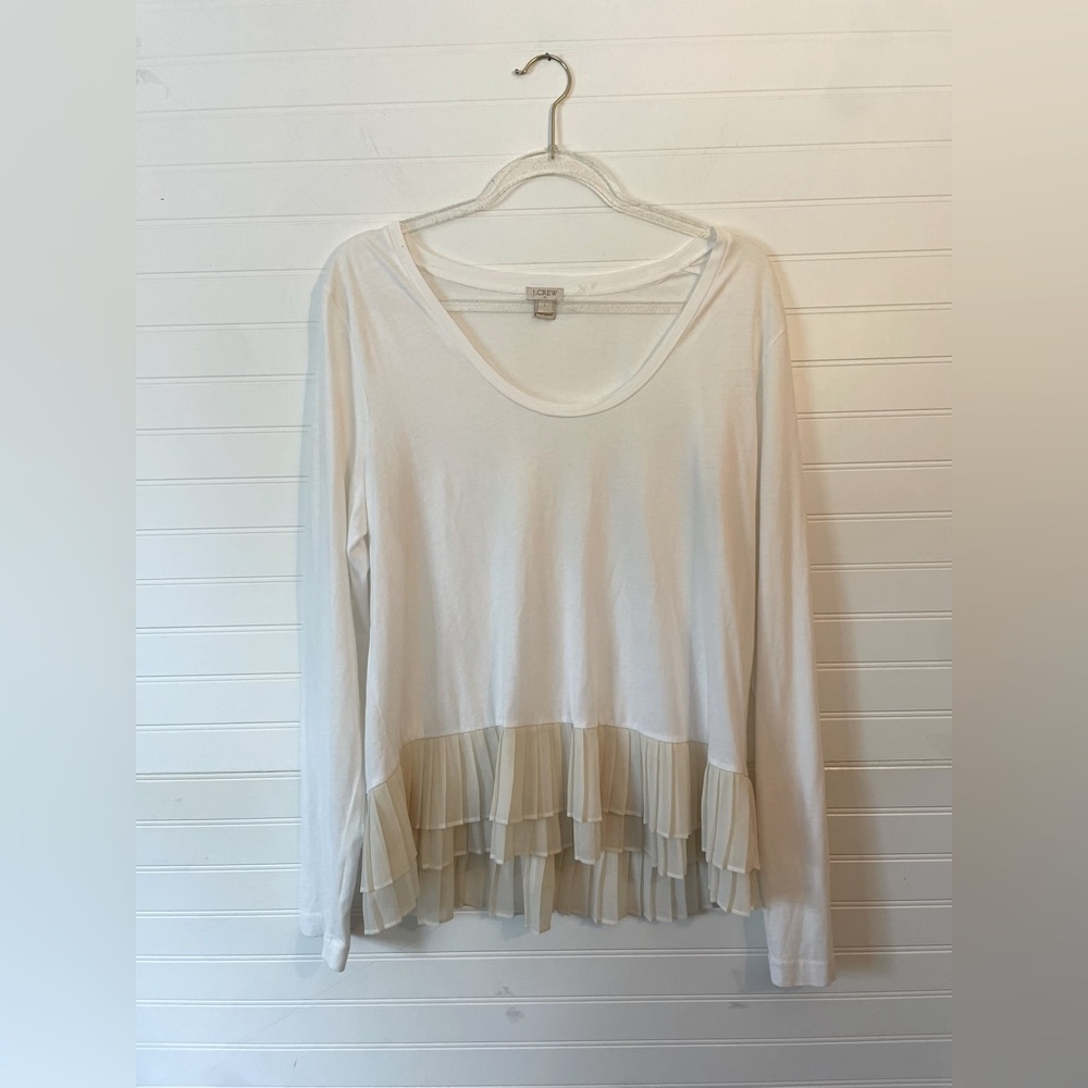 J. Crew White Cream Long Sleeve Blouse Pleated Layered Hem Blouse Size Large